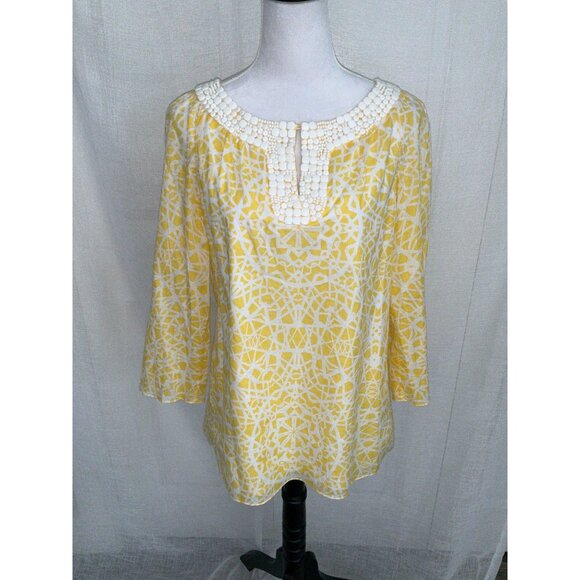 Ellen Tracy Women's Yellow & White Beaded Neck Blouse - Size S - Picture 1 of 4